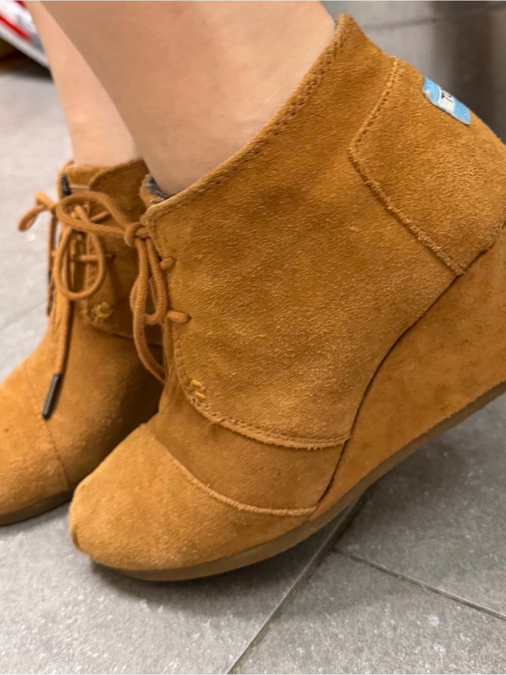 Toms Chestnut Suede Lace-Up Wedge Booties